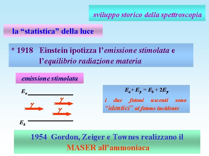 sviluppo storico della spettroscopia la “statistica” della luce * 1918 Einstein ipotizza l’emissione stimolata