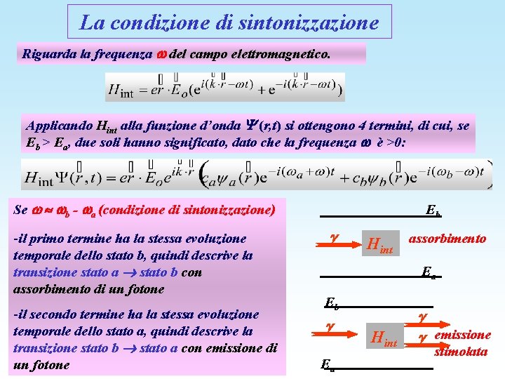 La condizione di sintonizzazione Riguarda la frequenza del campo elettromagnetico. Applicando Hint alla funzione