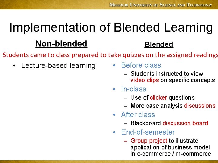 Implementation of Blended Learning Non-blended Blended Students came to class prepared to take quizzes