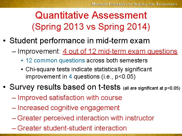 Quantitative Assessment (Spring 2013 vs Spring 2014) • Student performance in mid-term exam –