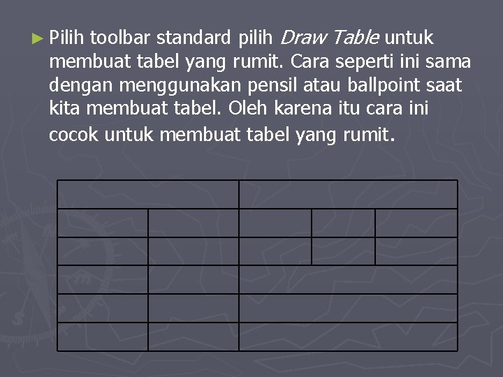 toolbar standard pilih Draw Table untuk membuat tabel yang rumit. Cara seperti ini sama