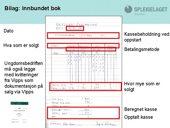 Bilag: Innbundet bok Dato Hva som er solgt Ungdomsbedriften må også legge med kvitteringer