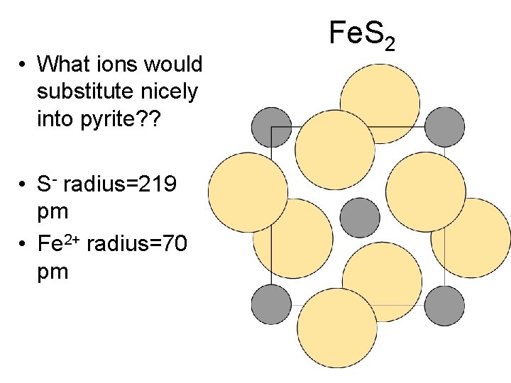  • What ions would substitute nicely into pyrite? ? • S- radius=219 pm