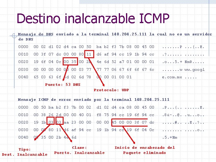Destino inalcanzable ICMP Mensaje de DNS enviado a la terminal 148. 204. 25. 111