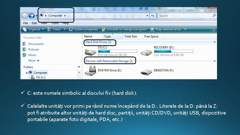 ü C: este numele simbolic al discului fix (hard disk). ü Celelalte unități vor