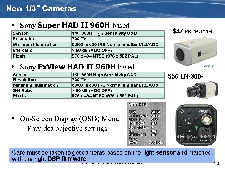 New 1/3" Cameras • Sony Super HAD II 960 H based Sensor Resolution Minimum
