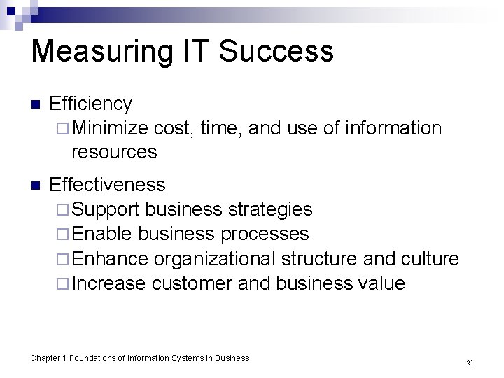 Measuring IT Success n Efficiency ¨ Minimize cost, time, and use of information resources