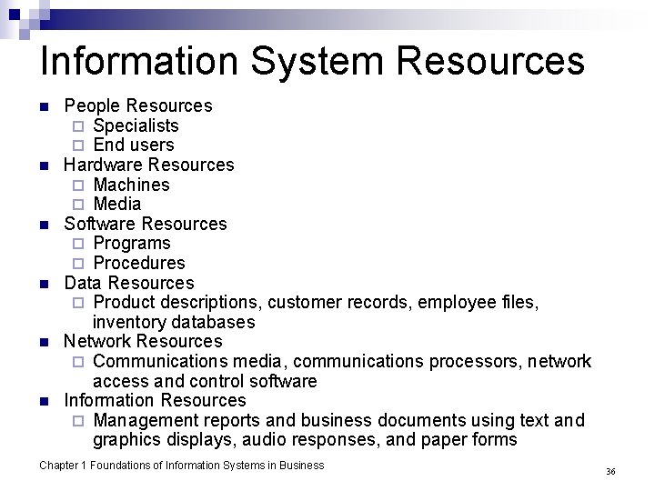 Information System Resources n n n People Resources ¨ Specialists ¨ End users Hardware