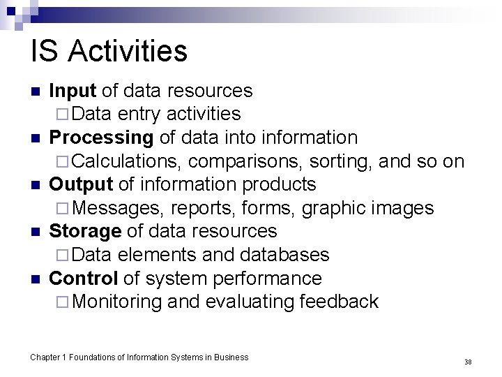 IS Activities n n n Input of data resources ¨ Data entry activities Processing
