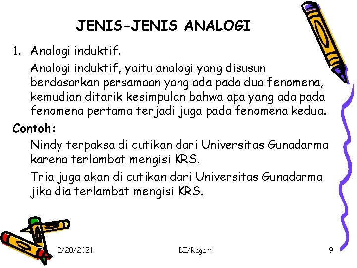 JENIS-JENIS ANALOGI 1. Analogi induktif, yaitu analogi yang disusun berdasarkan persamaan yang ada pada