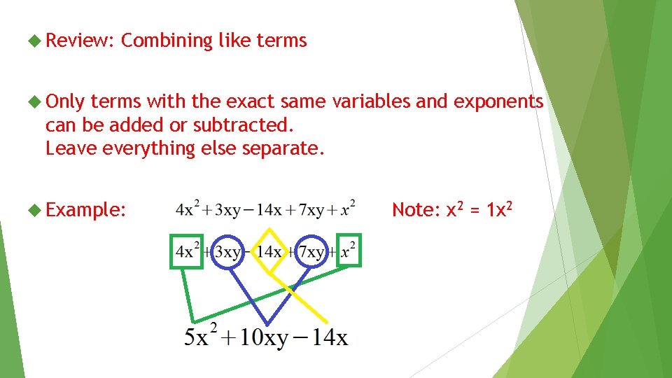  Review: Combining like terms Only terms with the exact same variables and exponents