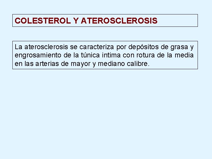 COLESTEROL Y ATEROSCLEROSIS La aterosclerosis se caracteriza por depósitos de grasa y engrosamiento de