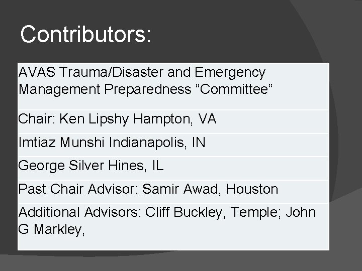 Contributors: AVAS Trauma/Disaster and Emergency Management Preparedness “Committee” Chair: Ken Lipshy Hampton, VA Imtiaz