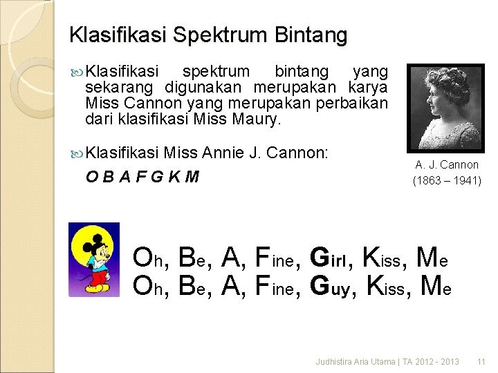 Klasifikasi Spektrum Bintang Klasifikasi spektrum bintang yang sekarang digunakan merupakan karya Miss Cannon yang