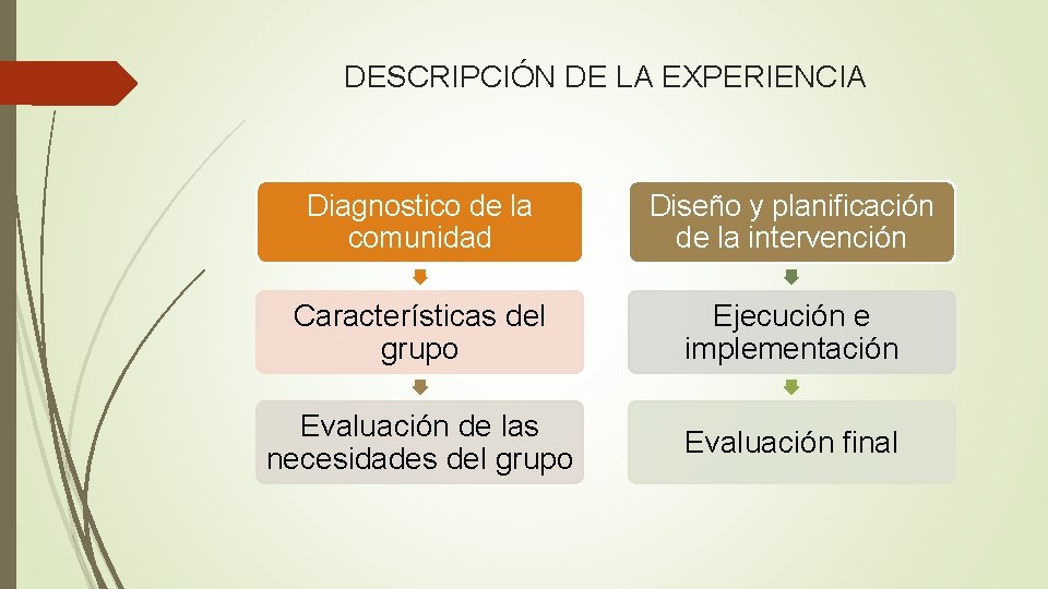 DESCRIPCIÓN DE LA EXPERIENCIA Diagnostico de la comunidad Diseño y planificación de la intervención