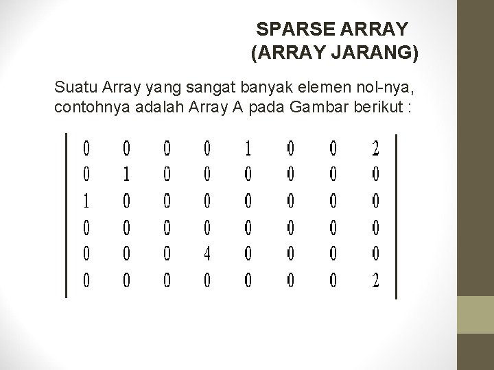 SPARSE ARRAY (ARRAY JARANG) Suatu Array yang sangat banyak elemen nol-nya, contohnya adalah Array