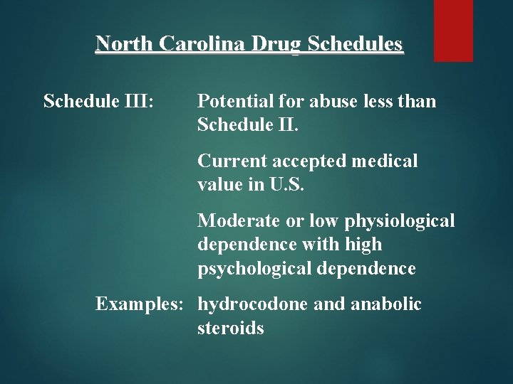 North Carolina Drug Schedules Schedule III: Potential for abuse less than Schedule II. Current