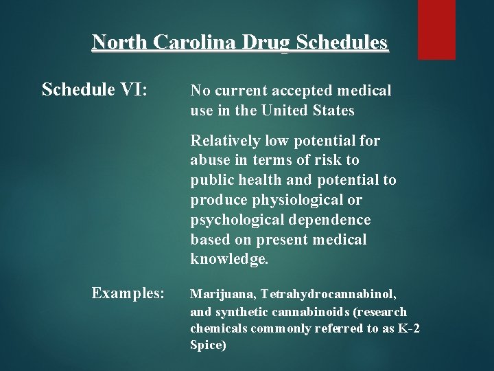 North Carolina Drug Schedules Schedule VI: No current accepted medical use in the United