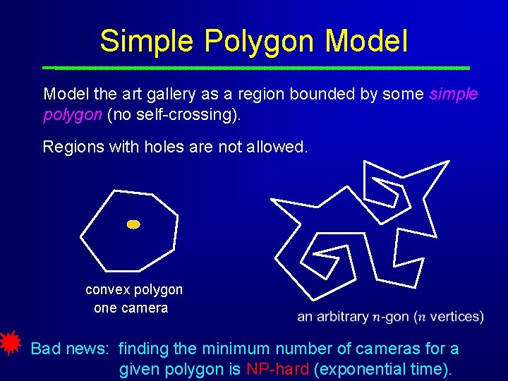 Simple Polygon Model the art gallery as a region bounded by some simple polygon