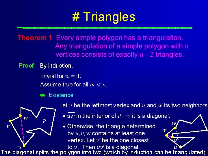# Triangles Proof By induction. Existence The diagonal splits the polygon into two (which