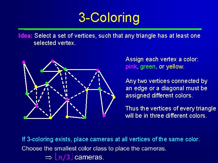 3 -Coloring Idea: Select a set of vertices, such that any triangle has at