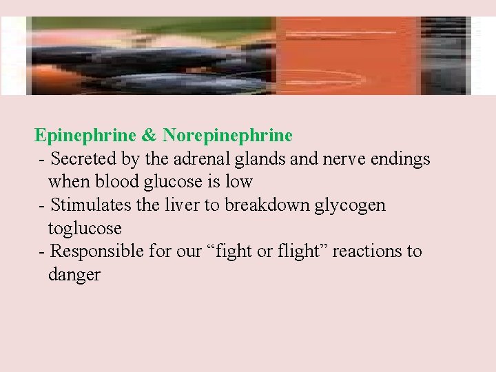 Epinephrine & Norepinephrine - Secreted by the adrenal glands and nerve endings when blood
