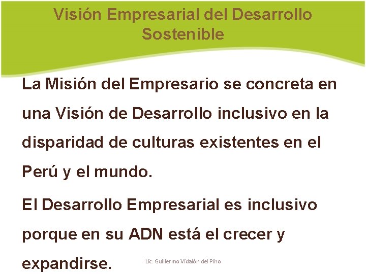 Visión Empresarial del Desarrollo Sostenible La Misión del Empresario se concreta en una Visión