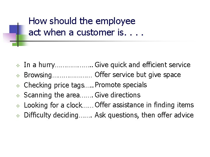 How should the employee act when a customer is. . v v v In