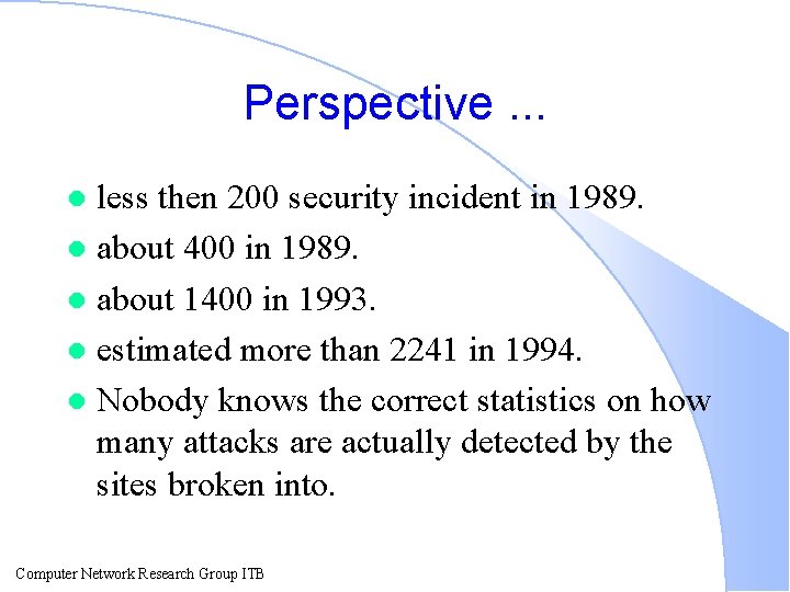 Perspective. . . less then 200 security incident in 1989. l about 400 in