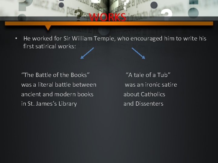 WORKS • He worked for Sir William Temple, who encouraged him to write his