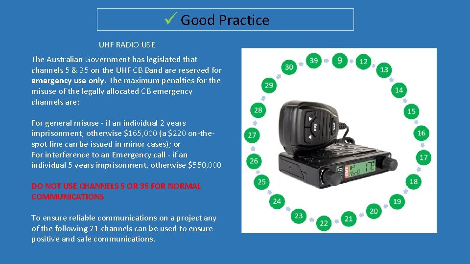  Good Practice UHF RADIO USE The Australian Government has legislated that channels 5