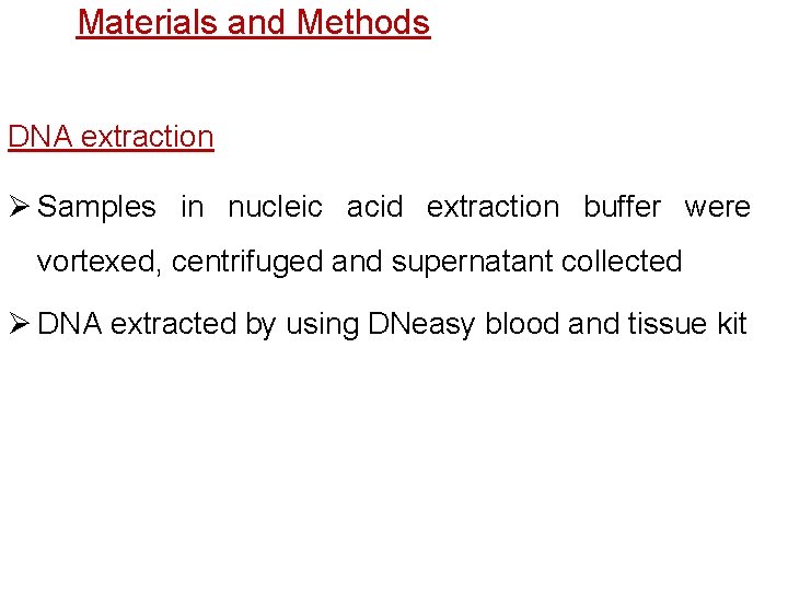 Materials and Methods DNA extraction Ø Samples in nucleic acid extraction buffer were vortexed,