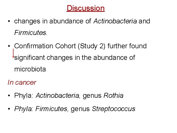 Discussion • changes in abundance of Actinobacteria and Firmicutes. • Confirmation Cohort (Study 2)