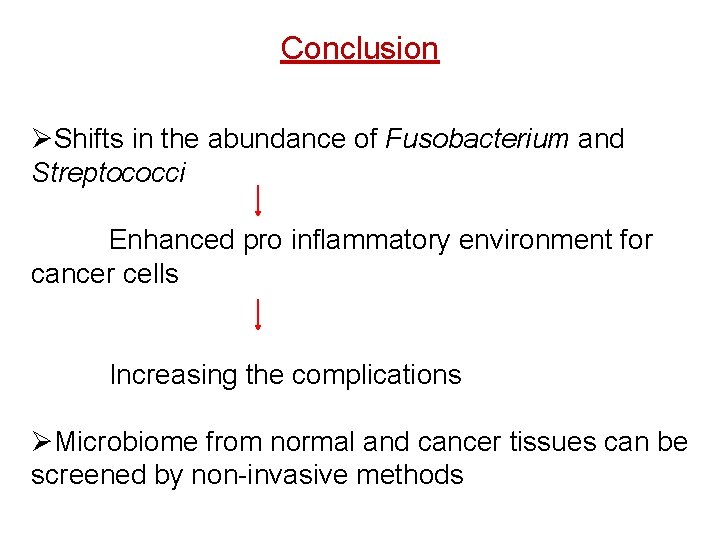 Conclusion ØShifts in the abundance of Fusobacterium and Streptococci Enhanced pro inflammatory environment for