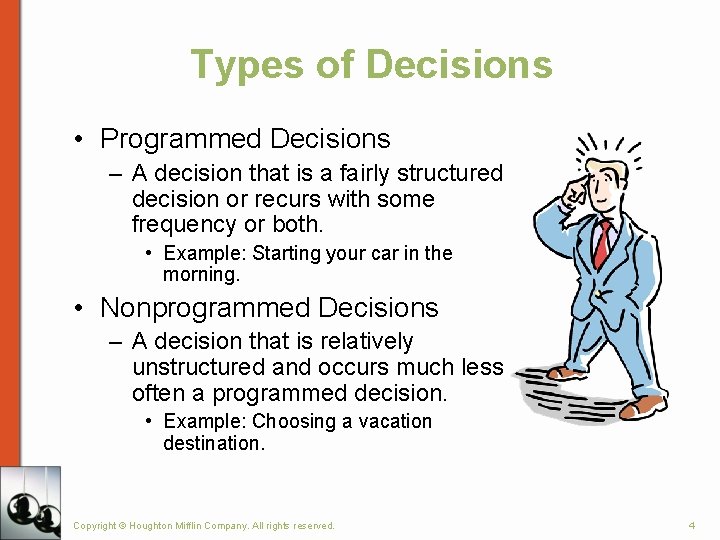 Types of Decisions • Programmed Decisions – A decision that is a fairly structured