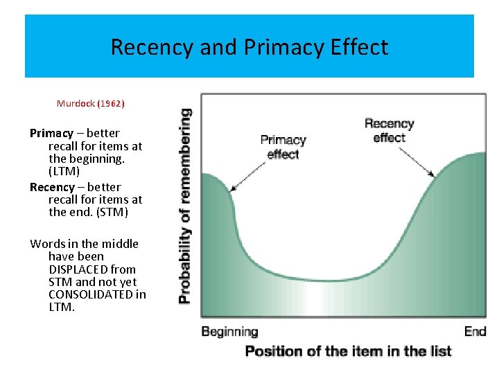 Recency and Primacy Effect Murdock (1962) Primacy – better recall for items at the
