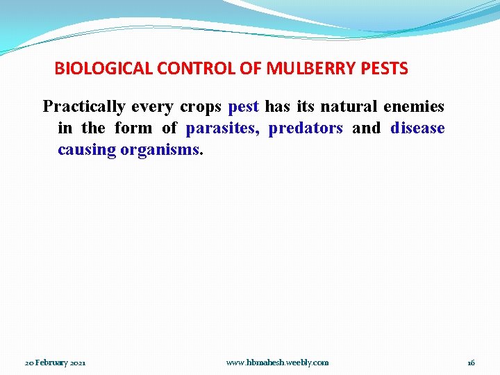 BIOLOGICAL CONTROL OF MULBERRY PESTS Practically every crops pest has its natural enemies in