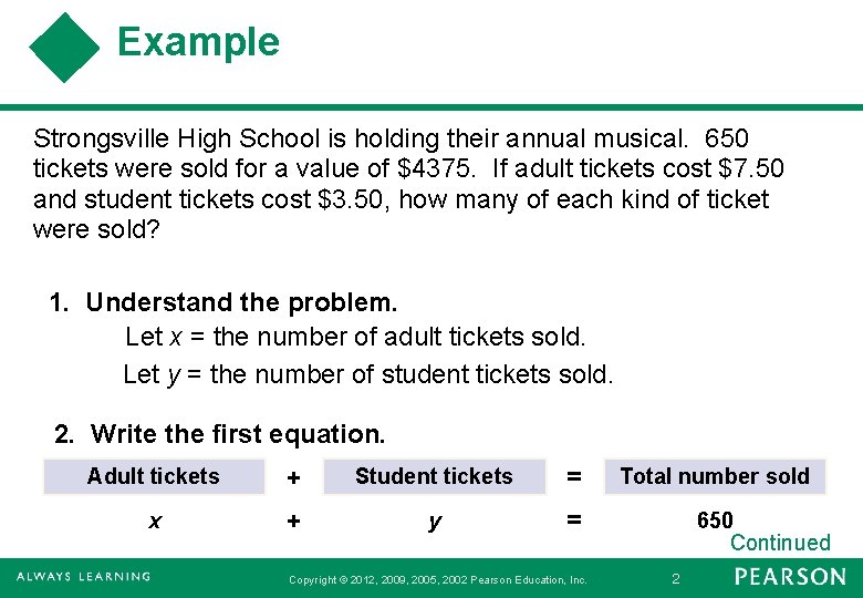 Example Strongsville High School is holding their annual musical. 650 tickets were sold for