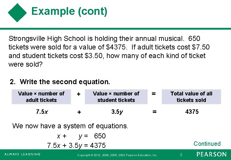 Example (cont) Strongsville High School is holding their annual musical. 650 tickets were sold