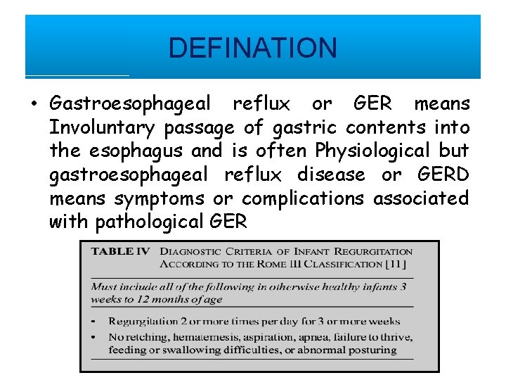 DEFINATION • Gastroesophageal reflux or GER means Involuntary passage of gastric contents into the