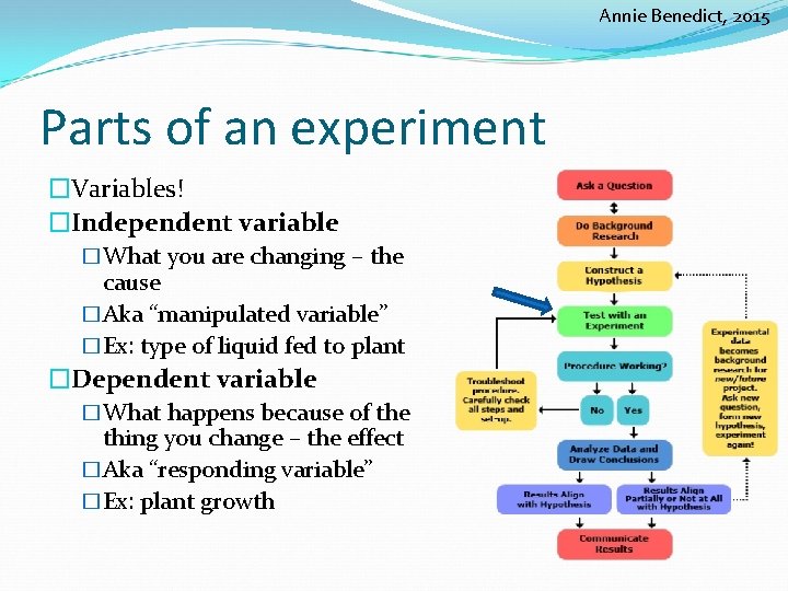 Annie Benedict, 2015 Parts of an experiment �Variables! �Independent variable �What you are changing