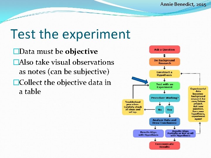 Annie Benedict, 2015 Test the experiment �Data must be objective �Also take visual observations