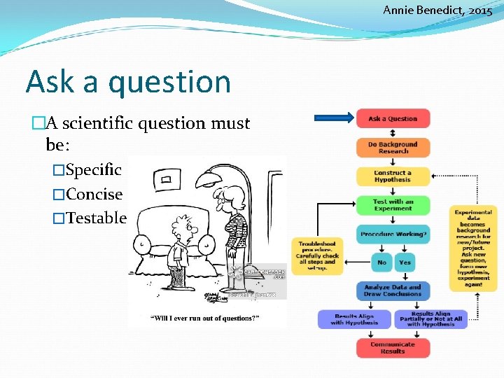 Annie Benedict, 2015 Ask a question �A scientific question must be: �Specific �Concise �Testable