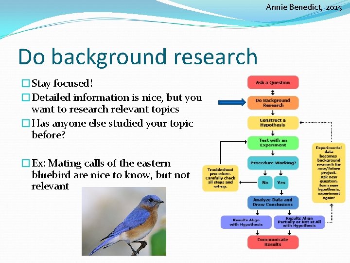 Annie Benedict, 2015 Do background research �Stay focused! �Detailed information is nice, but you