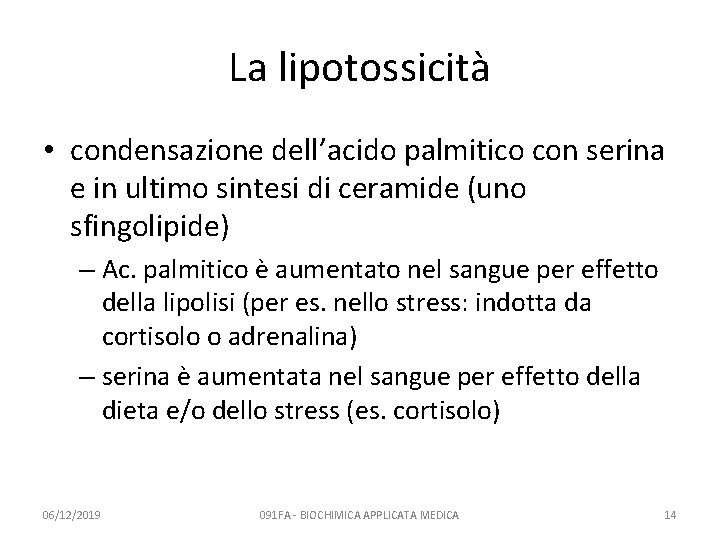 La lipotossicità • condensazione dell’acido palmitico con serina e in ultimo sintesi di ceramide