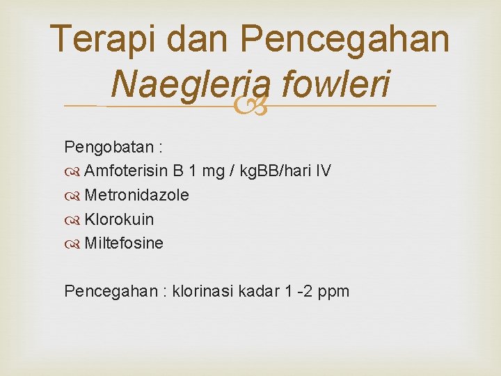 Terapi dan Pencegahan Naegleria fowleri Pengobatan : Amfoterisin B 1 mg / kg. BB/hari