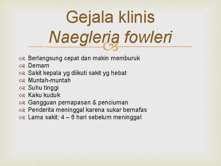 Gejala klinis Naegleria fowleri Berlangsung cepat dan makin memburuk Demam Sakit kepala yg diikuti