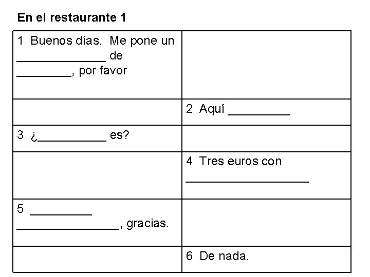 En el restaurante 1 1 Buenos días. Me pone un _______ de ____, por