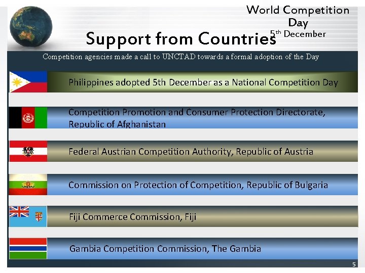 World Competition Day Support from Countries 5 th December Competition agencies made a call