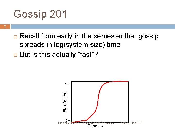 Gossip 201 2 Recall from early in the semester that gossip spreads in log(system